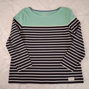 Talbots Womens 1X Top Navy White Striped Mint Colorblock Boat Neck Cotton Knit